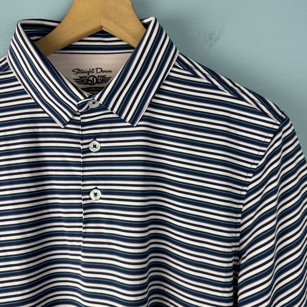 Straight‎ Down Performance Golf Polo Shirt Men's M Blue Striped 1896 Club Logo